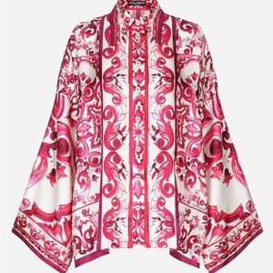 Silk women’s blouse. Hot pink white. Long sleeve